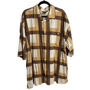 TRUST‎ Shirt men's Short Sleeve Plaid Linen Blend Button Up Camp XL